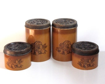 Vintage Brown Orange Canisters - Set of Four - fruit and vegetable design