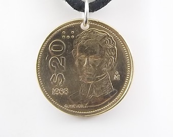 Mexican Coin Necklace, 20 Pesos, Coin Pendant, Leather Cord, Mens Necklace, Womens Necklace, Birth Year, 1988