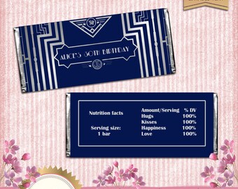 Great Gatsby Art Deco Candy Bar Wrappers - Navy Blue and Silver - EDITABLE text - DOWNLOAD Instantly - Microsoft® Word Format
