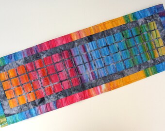 Rainbow Squares Quilted Wall Hanging / Table Runner by PingWynny
