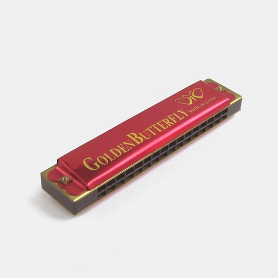 Vintage Tin Harmonica by Golden Butterfly red gold french