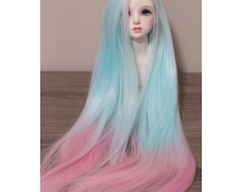 BJD handmade gradient/ ombre color long straight wig turquoise & pink