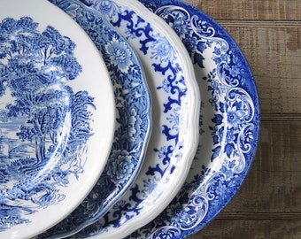 Mismatched Blue and White Dinner Plates for Weddings Set of 4 English Blue Transferware English China, Rustic Replacement China