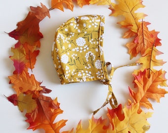 Baby Bonnet - baby bonnets - newborn bonnets - mustard floral hat - spring bonnets - pilot hat - newborn hats - floral bonnet