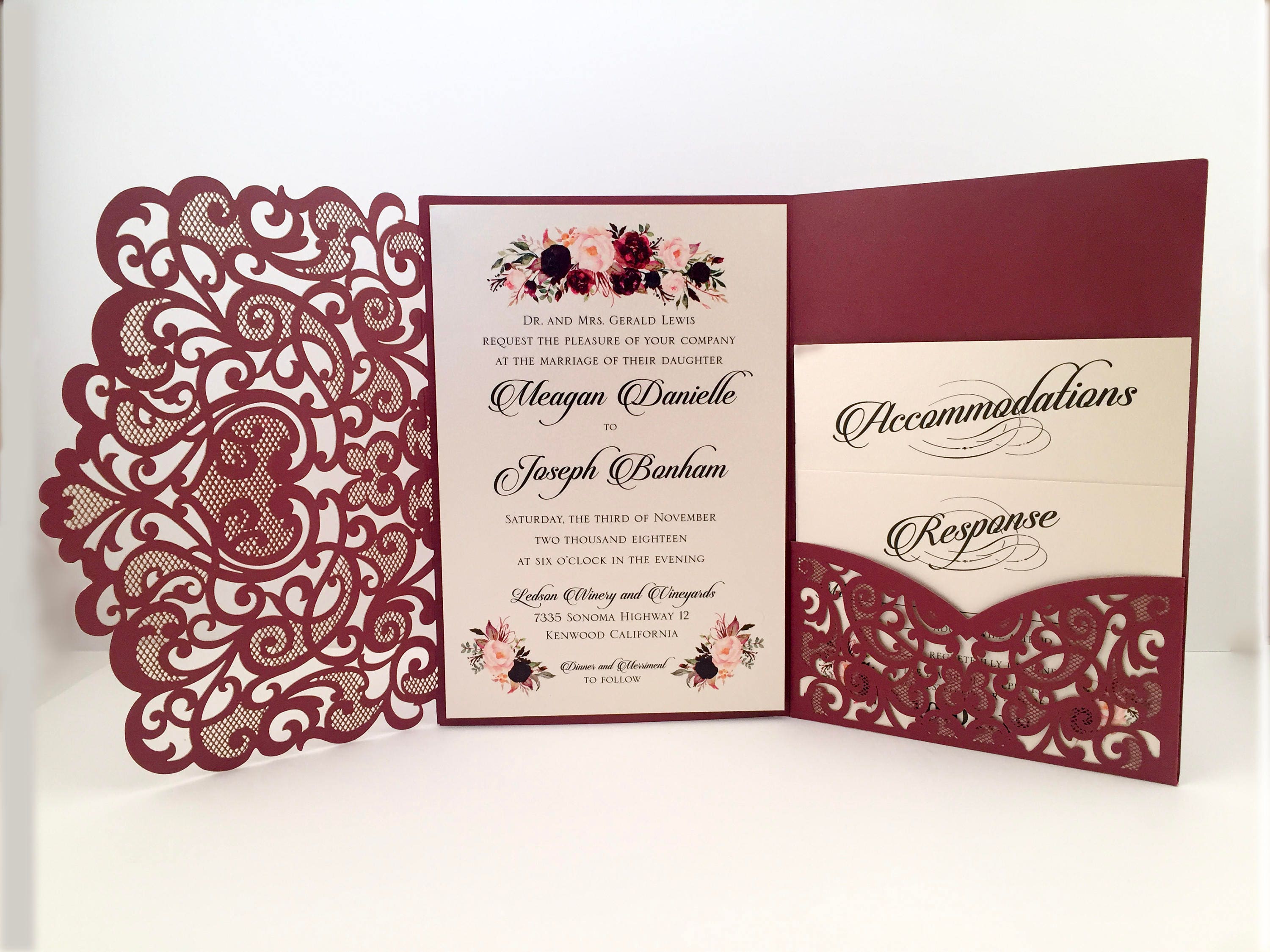 Laser Cut Wedding Invitations Marsala Burgundy Pocket Wedding