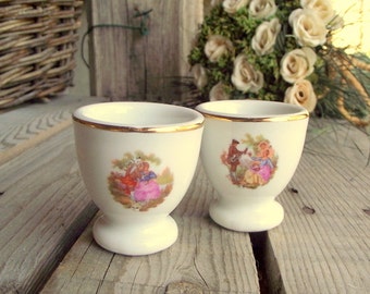 Vintage Egg Cups - Set of 2 - Porcelain Eggcups - French Eggcups - Romantic Decor - French White China - Signed - French Breakfast