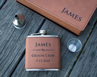 Personalized Leather Flask - Custom Engraved Flask Set, Raw Hide Flask, Faux Leather Groomsmen Flask, Personalized Flask, Monogram ...