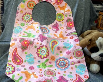 Senior Reversible Dining Bib, Owls N Bunnies N Flower Drops Print