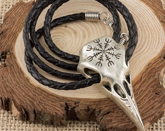 Viking Raven Skull Helm of Awe Rune Pendant With Real Leather Necklace