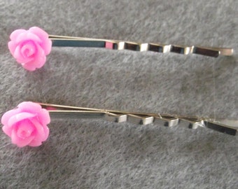 Pink flower bobby pins Set of 2-
