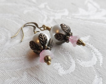 75% Off Clearance Sale, Czech Glass Earrings, Blossom, Pink, White Pearl