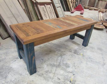 Reclaimed Wood Turquoise Bench-72L x 18D x 19H in-Western-Vintage Look-Rustic-Re-Purposed-Shasta Blue Legs-Long