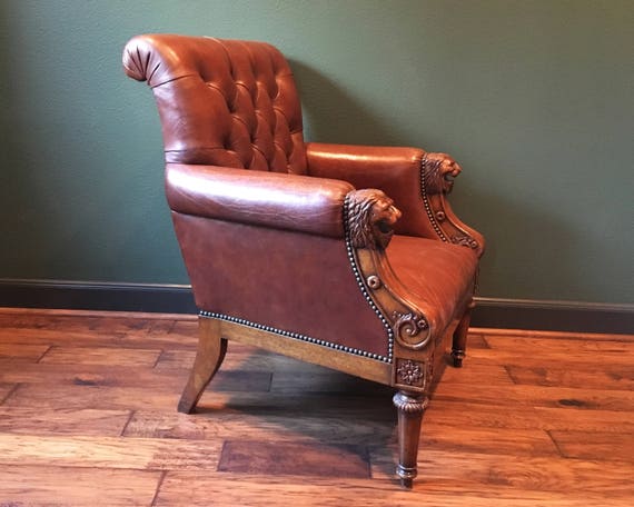 Antique Leather Chesterfield Chair With Lion Head Arms Antique Leather Chesterfield Chair with Lion Head Arms - Maitland Smith Vintage Leather Chair - Antique Club Chair - Nailhead Accent Chair - Antique Leather Chesterfield Chair With Lion Head Arms