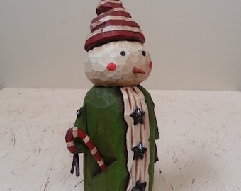 Super Cute Snowman Primitive Folk Art Woodcarving
