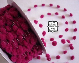 Pom Pom Trim - Hot Pink - 3 Yards Raspberry - mini wired garland gift wrapping