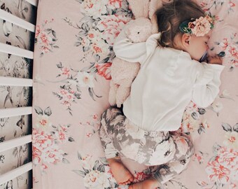 Couture fitted cot sheet in Blowsy Blooms {Pink}