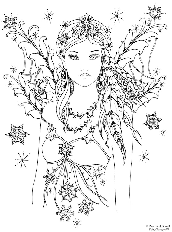 Snowbird Fairy Tangles Printable 4x6 inch Digi Stamp Fairies