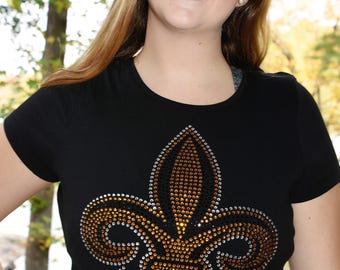 Fleur De Lis New Orleans Mardis Gras rhinestone bling shirt, all sizes XS, S, M, L, XL, XXL, 1X, 2X, 3X, 4X, 5X