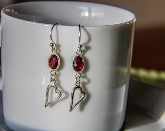 Genuine Red Garnet Sterling Silver Heart earrings/Love Earrings/Red Earrings/Valentines Earrings/Wedding Earrings