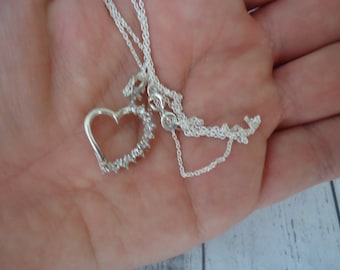 Vintage 925 Sterling Silver and CZ Heart Pendant on 18" Sterling Silver Chain, 2 Grams, Estate