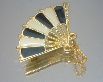 Gold Tone Enamel & Rhinestone Fan Pin Brooch Vintage