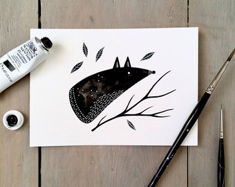 Felicity Fox - Original Contemporary 4x6 Watercolour Animal Painting - Black and White Art - by Natasha Newton