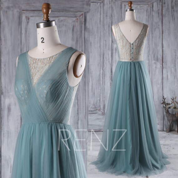  Dusty  Blue  Bridesmaid  Dress  Long A Line Wedding  Dress  Tulle