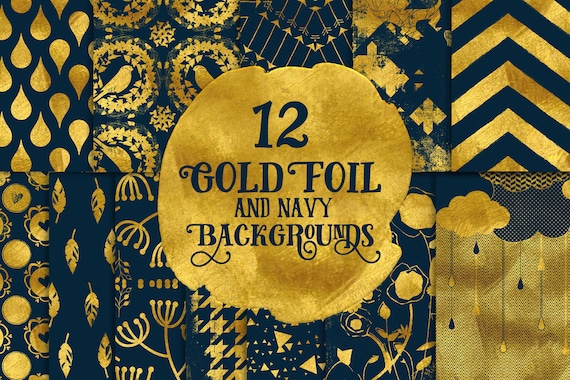 Digital paper, Digital Navy Gold Paper, Digital Scrapbook paper pack - Instant download - 12 Digital Papers - Gold Foil