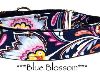 Martingale Dog Collar, Blue Floral Dog Collar, Blue Dog Collar, Buckle Martingale Dog Collar, 2 inch Martingale, Blue Blossom