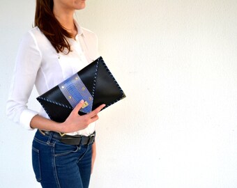 Black leather clutch / Black handbag with genuine blue snakeskin / Handmade leather bag / Snake clutch