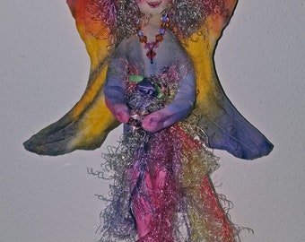 OOAK, Fiber Sculpted SUNSET ANGEL, wall accent, silk face, Swarovski crystal accents