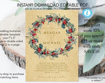 christmas wedding invitation printable, christmas invitation template, winter wedding invitations rustic, holly wedding invite, templett,7x5