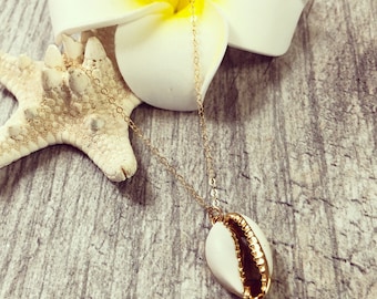 Gold dipped Cowrie Shell Necklace, Gold Shell Necklace, Shell Necklace