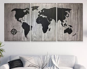 Wood World Map Wall Art Carved 3 Panel Home Decor Wood Wall