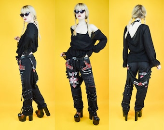 90s Punk Goth Black Bondage Tartan Safety Pin Low Rise Trousers Jeans M / L