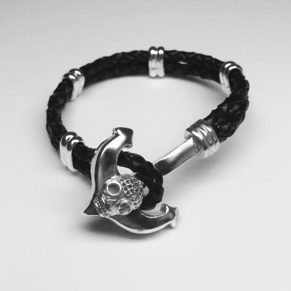 Skull Anchor with genuine Leather bracelet made of Sterling Silver
