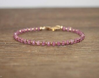 Pink Sapphire Bracelet, Gold Filled, Sterling Silver or Rose Gold Beads, Pink Sapphire Jewelry, September Birthstone, Stacking, Beaded Gifts