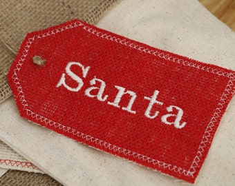 Personalized Embroidered Red Burlap Stocking Tag, Reusable Gift Tag