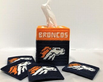 Denver Broncos Football Fan Tissue Box Cover Coaster Set Plastic Canvas Handmade - Denver Broncos NFL - Tissue Box Cover - Coaster Set