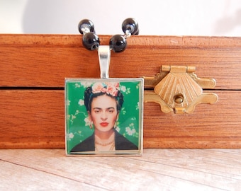 Frida - Frida Kahlo black beaded necklace - art necklace - altered art necklace -