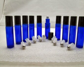 Set of Ten (10) Roll-on Real Cobalt Glass 10ml bottle STAINLESS STEEL Metal Essential Oils fragrance aromatherapy! UV-Protective Container