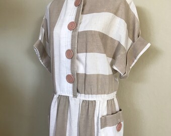 1980s Striped Sundress / Tan White / Size 14