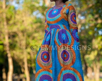 Blue African maxi dress with pockets for women , African clothing, women dress, African dress , Ankara dress , women clothing, Blue