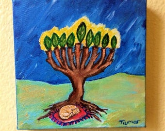 Hanukkah Art, A cat asleep under a Hanukkah tree, Jewish Art, Jewish Holiday Decor, Hanukkah Gift, Original Painting, Funny Jewish Artwork