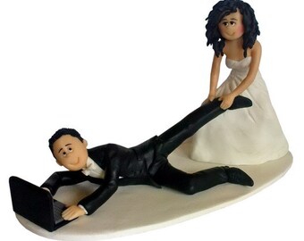 Handmade Wedding Cake Topper, Personalized Bride & Groom with laptop
