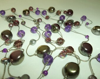 Amber, Gray Purple floating Lucite beaded Opera length Necklace
