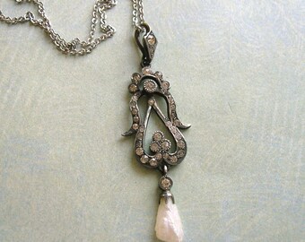 Antique Edwardian Sterling Paste Necklace, Sterling Lavaliere Necklace, Wedding Necklace, Bridal Jewelry, Old Sterling Lavalier (#2994)