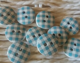 set of 10 buttons checkered blue and white