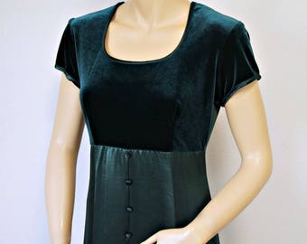 Vintage Maxi Dress Green Velvet Empire Waist 1970's Gown Short Sleeve Size 7