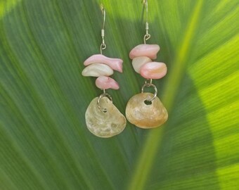 Silver Fishhook Earwires with Beached Shell with Pink/White Shell Beads